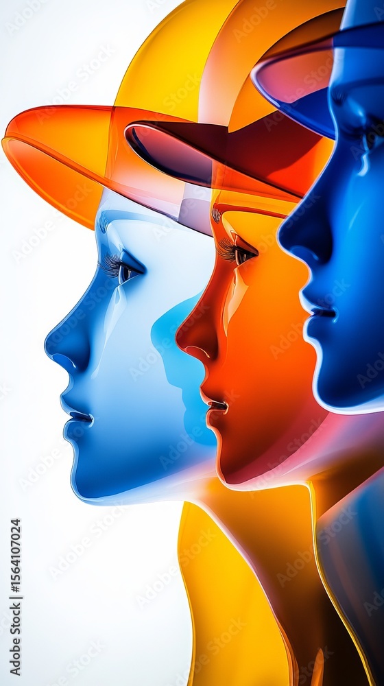 Poster three mannequin heads are displayed in a profile view, each featuring a different transparent color 