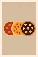 Obraz premium Clean modern poster with three minimalist pizza illustrations: margherita, pepperoni, funghi, side by side