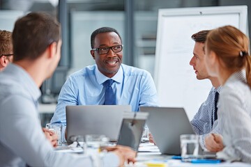 A diverse group of business professionals sits around a table in a modern office, engaged in a collaborative discussion, using laptops and other technology.  