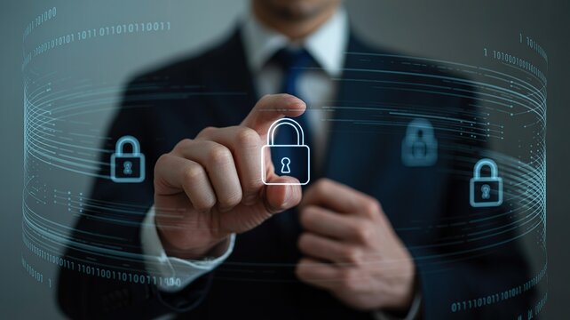 Businessman interacts with holographic digital security interface featuring locks and binary code