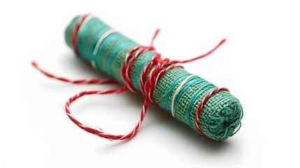 Teal and Red Twine Wrapped Burlap Roll Closeup
