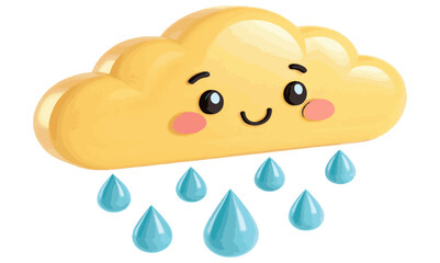  yellow sun partially covered by white clouds with blue raindrops falling.