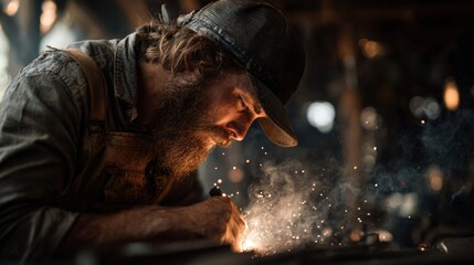 An artist creating custom metal art through welding in a rustic workshop, sparks flying, cinematic light, with copyspace