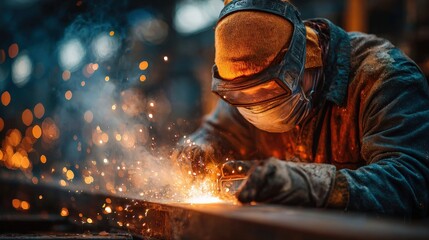 arc welding on steel beam, dramatic sparks, focused worker in safety mask, industrial plant scene