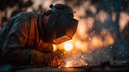 Artistic welder working on large metal sculpture outdoors, sunset glow, with copyspace