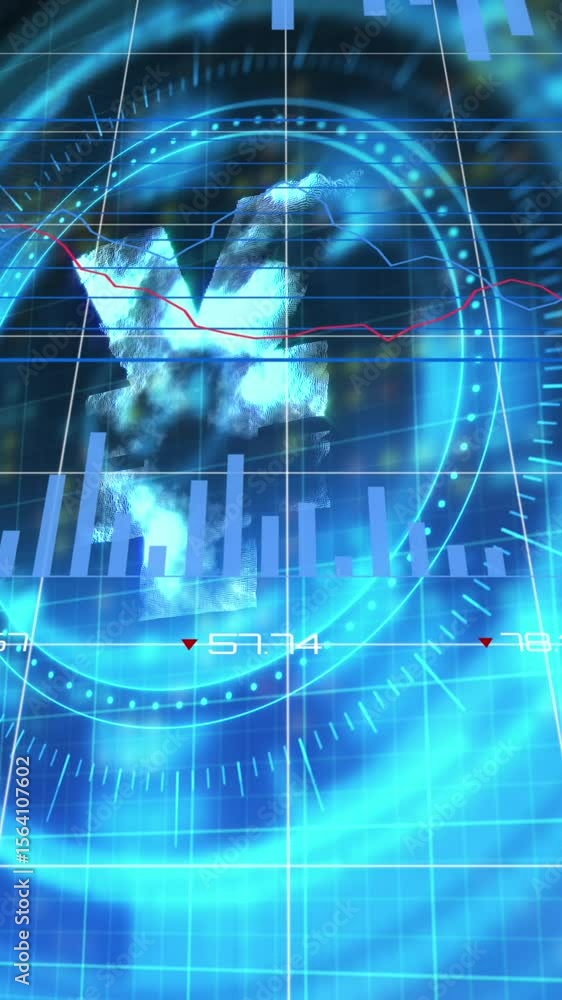 Poster Animation of financial data processing over scope scanning with yen symbol on black background