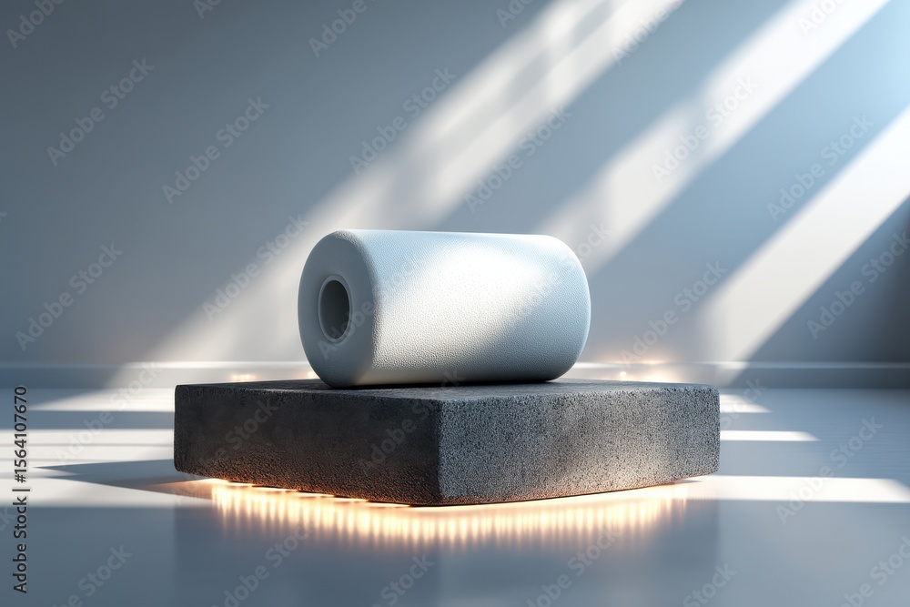 Poster minimalistic display of a white cylindrical object on a textured base