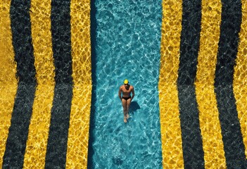Overhead view of a swimmer in a pool with bold yellow and black striped lanes