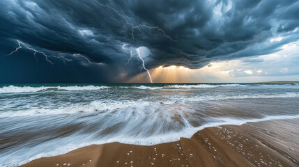 Dramatic scene of stormy weather with dark clouds, lightning, and sun rays breaking through, creating striking contrast over