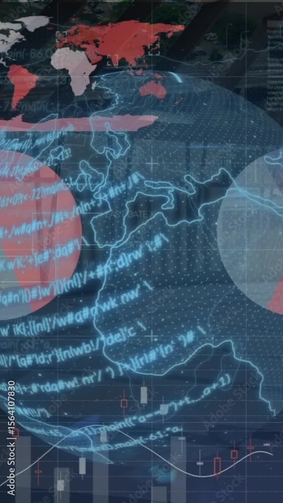 Poster animation of financial data processing and globe over empty building