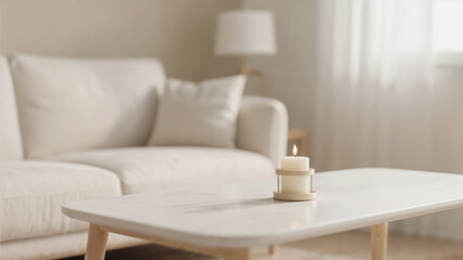 Cozy living room ambiance with lit candle, couch, side table, and natural light streaming in