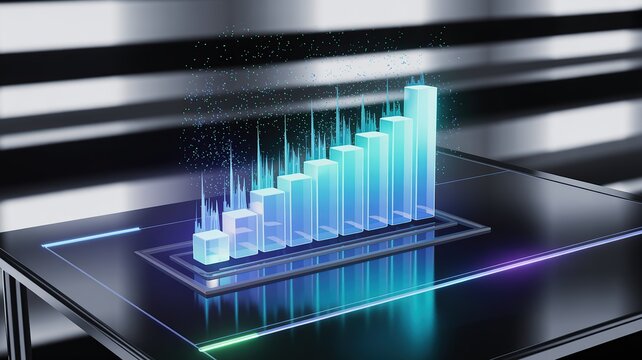 Futuristic holographic bar chart displaying increasing financial data on a sleek digital interface