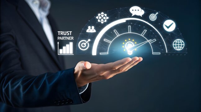 Trust partnership concept with businessman holding digital handshake icon, representing reliable cooperation, strategic success, long-term business relationships, B2B marketing, consulting.
