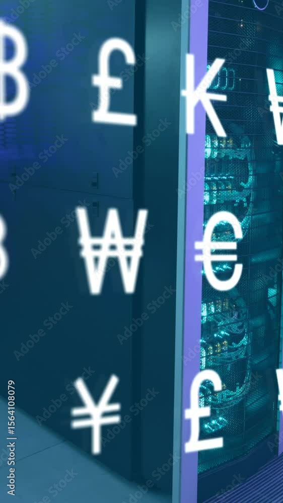 Poster animation of financial currency signs and data processing over computer servers