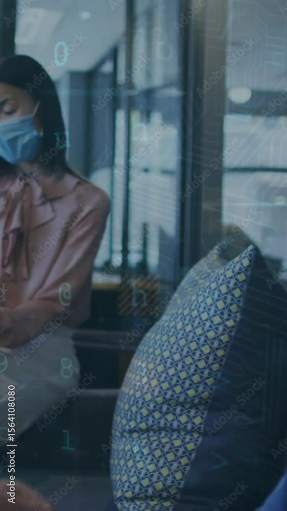 Poster animation of data processing over diverse business people with face masks using tablets