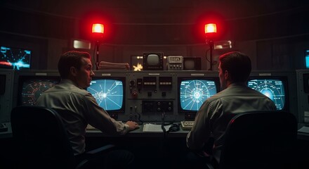 Two men are working at control panels filled with radar screens and red alert lights in a dimly lit room.