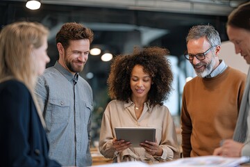 A diverse group of professionals in a modern office setting collaborates around a tablet, exhibiting smiles and engagement in a casual meeting