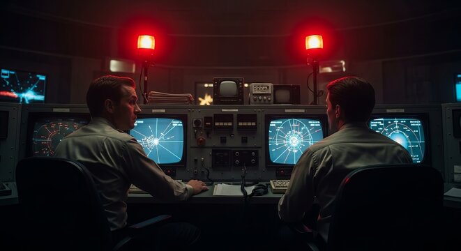 Two men are working at control panels filled with radar screens and red alert lights in a dimly lit room.
