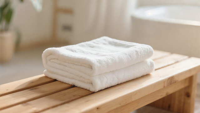 Serene bathroom image showcasing folded white towels on a wooden bench, spa ambiance