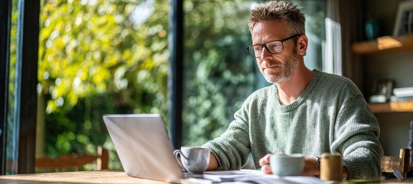 A middle-aged man with glasses sits at a wooden table near a window, sunlight illuminating him as he works on a laptop computer, with mugs and papers nearby