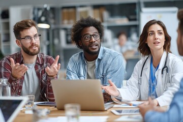 A diverse group of professionals, including a doctor, engage in a serious discussion around a laptop and other tech,  seated at a modern office table