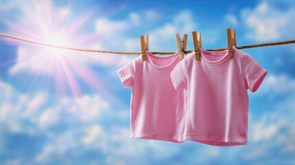 Bright pink shirts drying under the sun on a clothesline