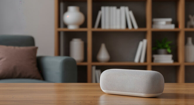 Smart home device on a wooden table with a cozy living room background and design