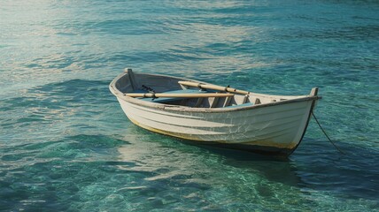 Naklejka premium Empty rowboat with oars floats peacefully on clear turquoise water