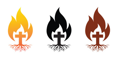 Christian Cross Rooted In Faith With Holy Spirit Flame In Three Color Variations Religious Symbol Vector Art