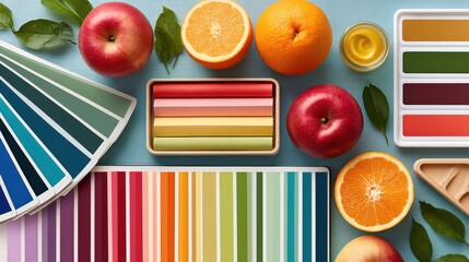 Colorful flat lay featuring fruits, color palettes, and artistic materials