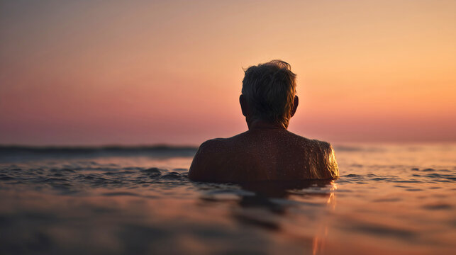 An elderly man bathing in the sea while on vacation, enjoying the day and the charms of summer. - Powered by Adobe