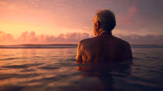 An elderly man bathing in a beautiful sea on a summer day, watching a stunning sunset.