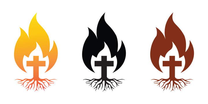 Christian Cross Rooted In Faith With Holy Spirit Flame In Three Color Variations Religious Symbol Vector Art
