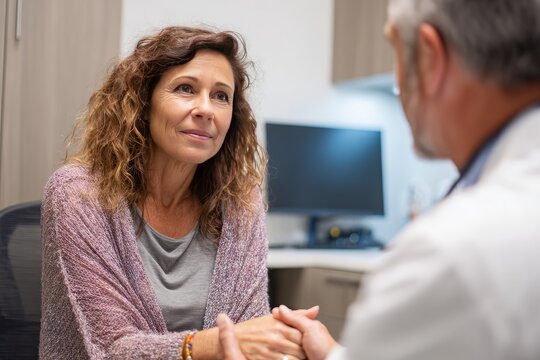 A middle-aged woman sits attentively listening to a doctor in a consultation room, hands clasped in her lap,  exuding a pensive expression