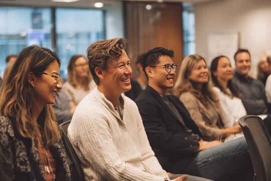 A diverse group of smiling adults attentively sits in an office setting, engaged in a presentation or meeting.  Warm lighting illuminates their happy faces