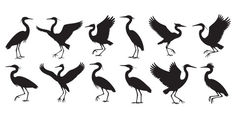 Fototapeta premium Heron Silhouette Vector Collection Diverse Bird Poses Isolated On White Background Artistic Wildlife Illustration For Design Elements And Creative Projects