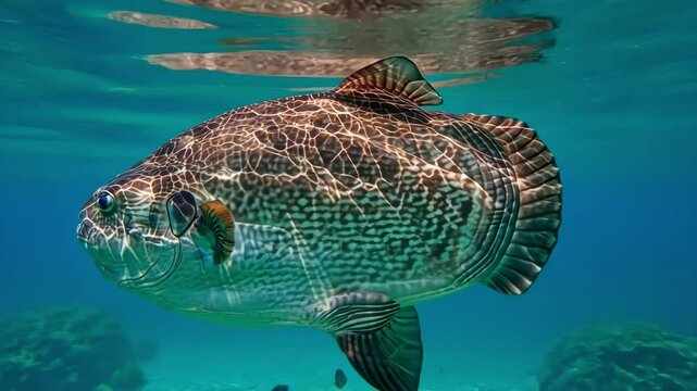 Sunfish swims gracefully underwater in blue sea. Majestic ocean sunfish animal.