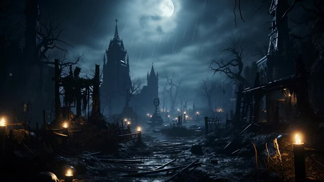 Graveyard with candles on Halloween, scary cemetery at creepy night	