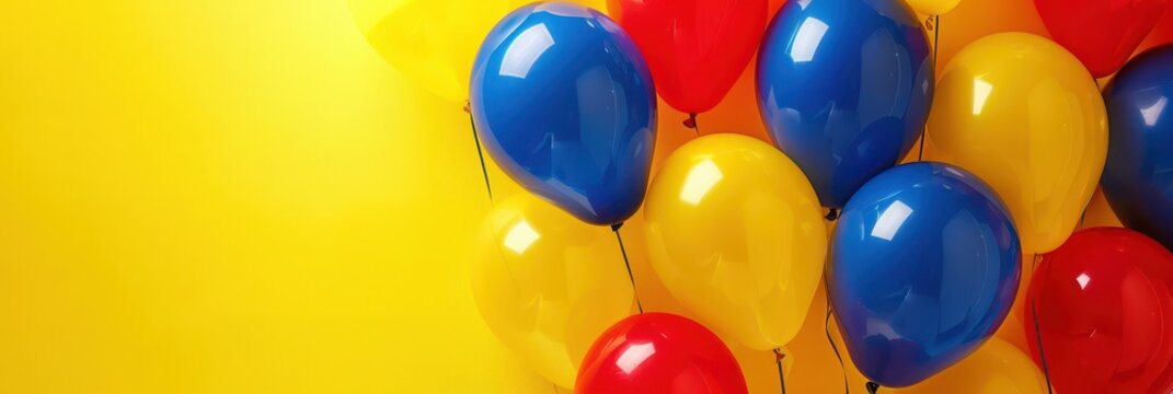 Ecuador independence day celebration with colorful balloons. Horizontal banner. Copy space. Red, blue, yellow balloons on a yellow background