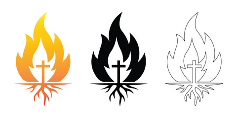 Religious Symbolism Cross Fire And Roots Christian Faith Spirituality Icon Set Vector Graphics Illustration For Design And Web
