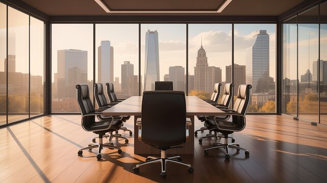 Modern conference room with city skyline view at sunset