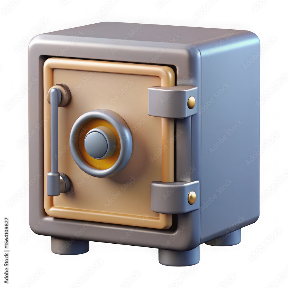 Poster 3d rendered metallic safe with a golden dial and handle isolated on transparent background