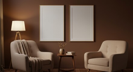 Cozy Living Room: An inviting living room scene with two framed canvases hanging above comfortable armchairs, bathed in warm lighting. A perfect space to showcase art, evoke feelings of comfort.