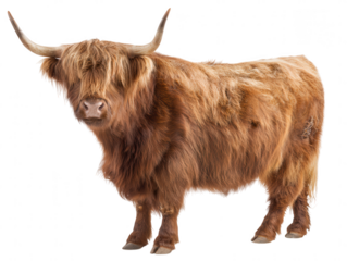 Highland Cattle - Majestic Scottish Bovine with Long Horns and Shaggy Fur on White Background