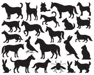 Fototapeta premium Vector Illustration Featuring Various Animal Silhouettes Including Dogs Horses Rabbits Birds And Insects Depicted In A Clean And Minimalist Style