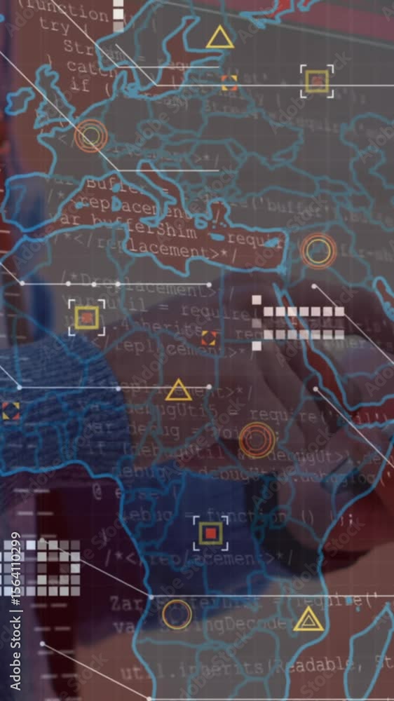 Poster animation of data processing over world map against mid section of man using smartphone