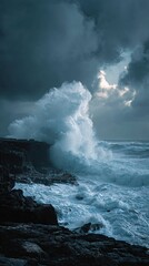 Monumental Ocean Wave Crashing on Dark Rocks Under Stormy Sky