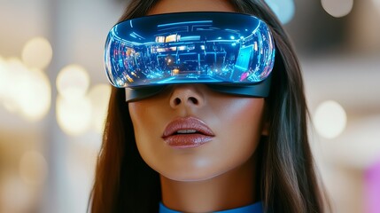 Woman wearing virtual reality headset showcases blue neon digital cityscape reflections in the lenses.