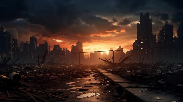 Apocalyptic landscape with rubble and ruins, post apocalypse city at sunset	