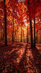 Vibrant Vertical Autumn Forest with Glowing Red Leaves and Sunlight
